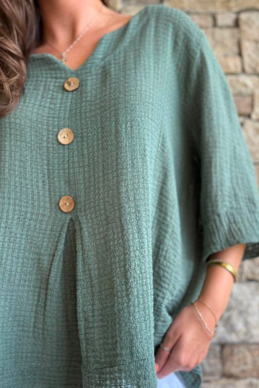 Andi Basket Linen Blend Top Khaki
